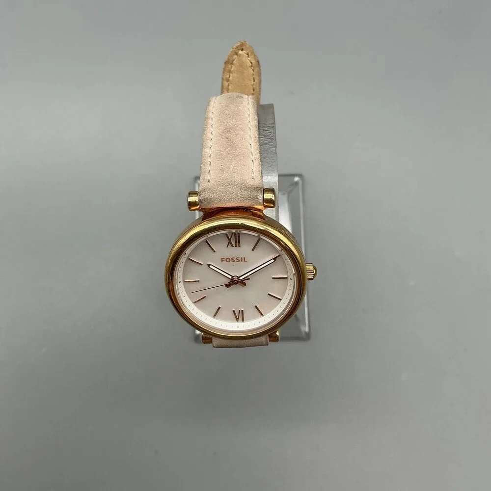 Fossil ES4099 Womens Watch 28mm White Rose Gold Tone Beige Leather New Battery